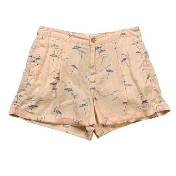 C&C California Shorts Womens 10 Light Peach Multi Linen Beach Umbrella Print - Picture 1 of 12